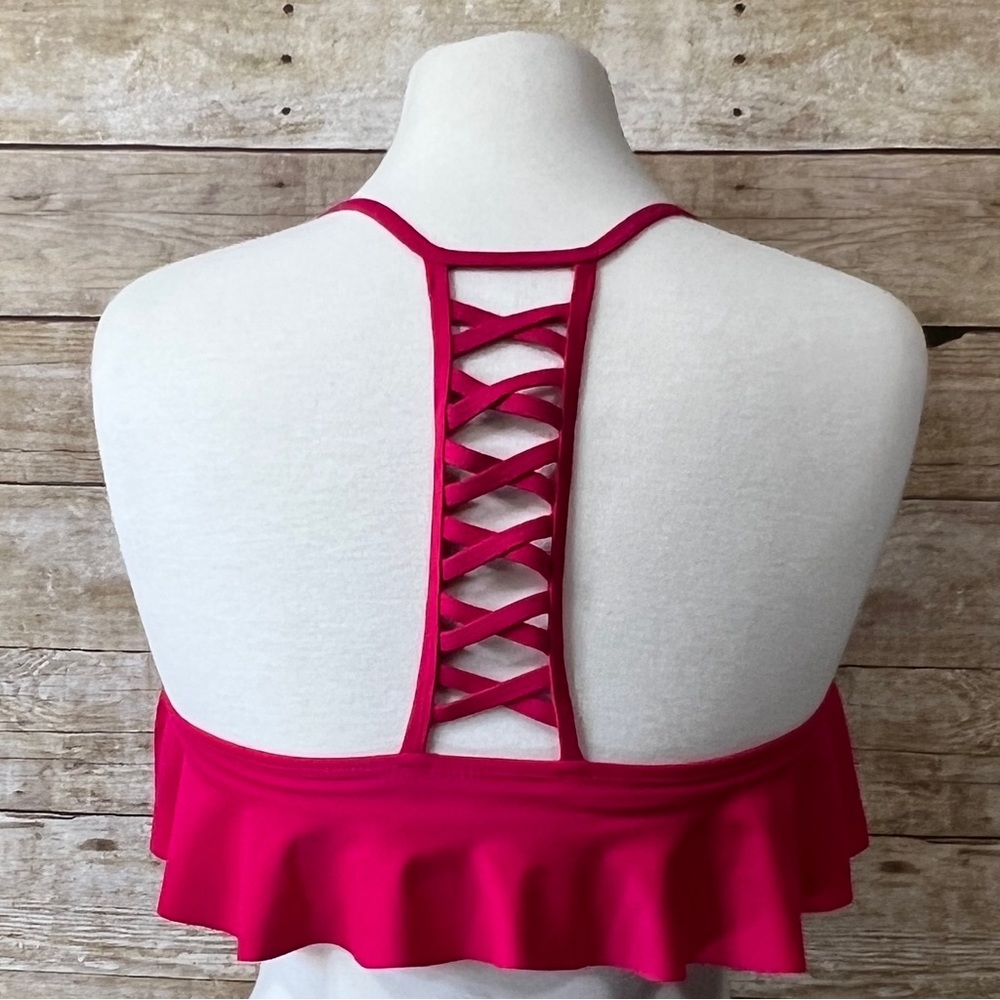 Hot Pink Flounce Ruffle Bikini Top Strappy Lattice Back Swim Separate Womens - Picture 4 of 9